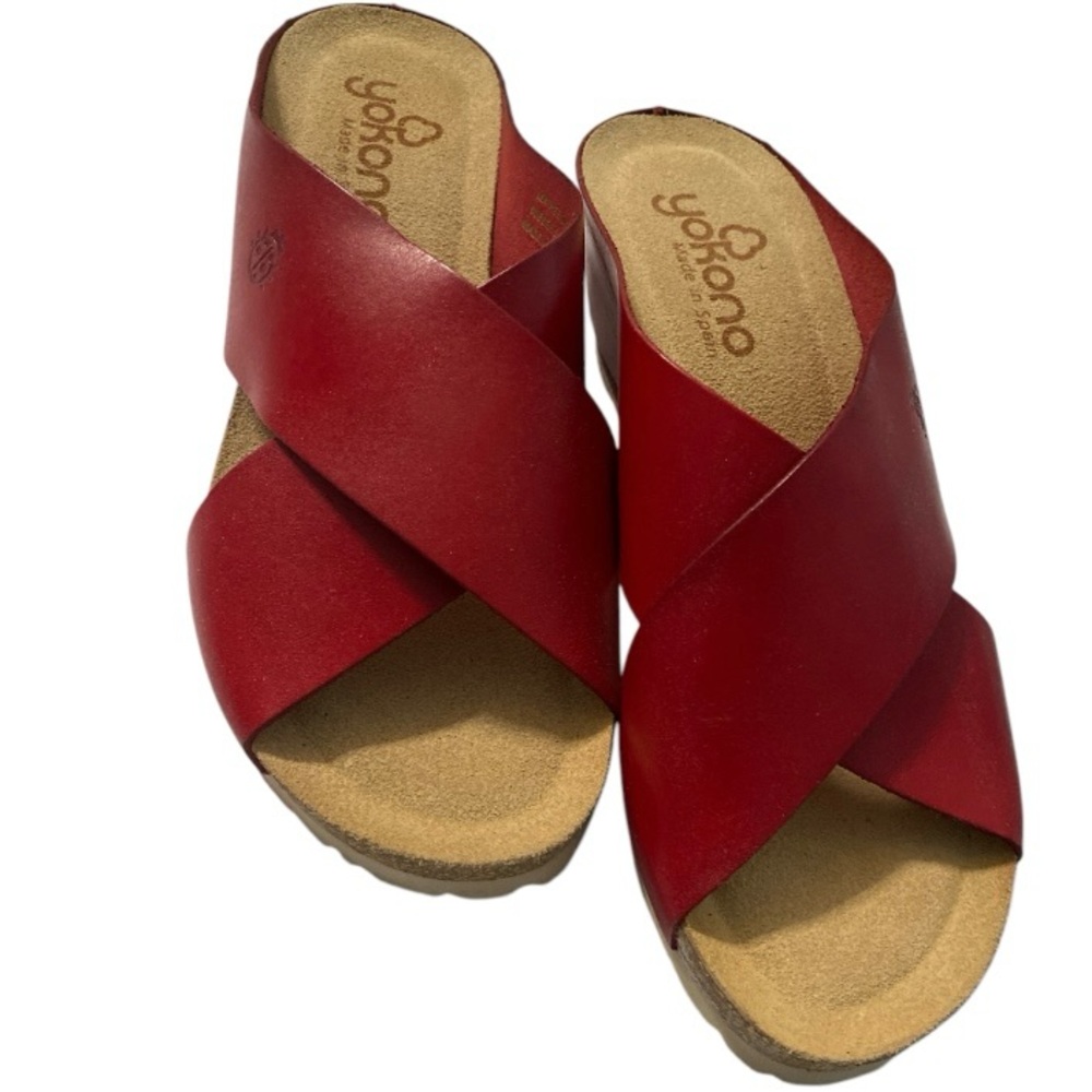 Yokono Red Leather Slide Sandals Size 8 Cross Strap Wedge Slip on Suede Footbed